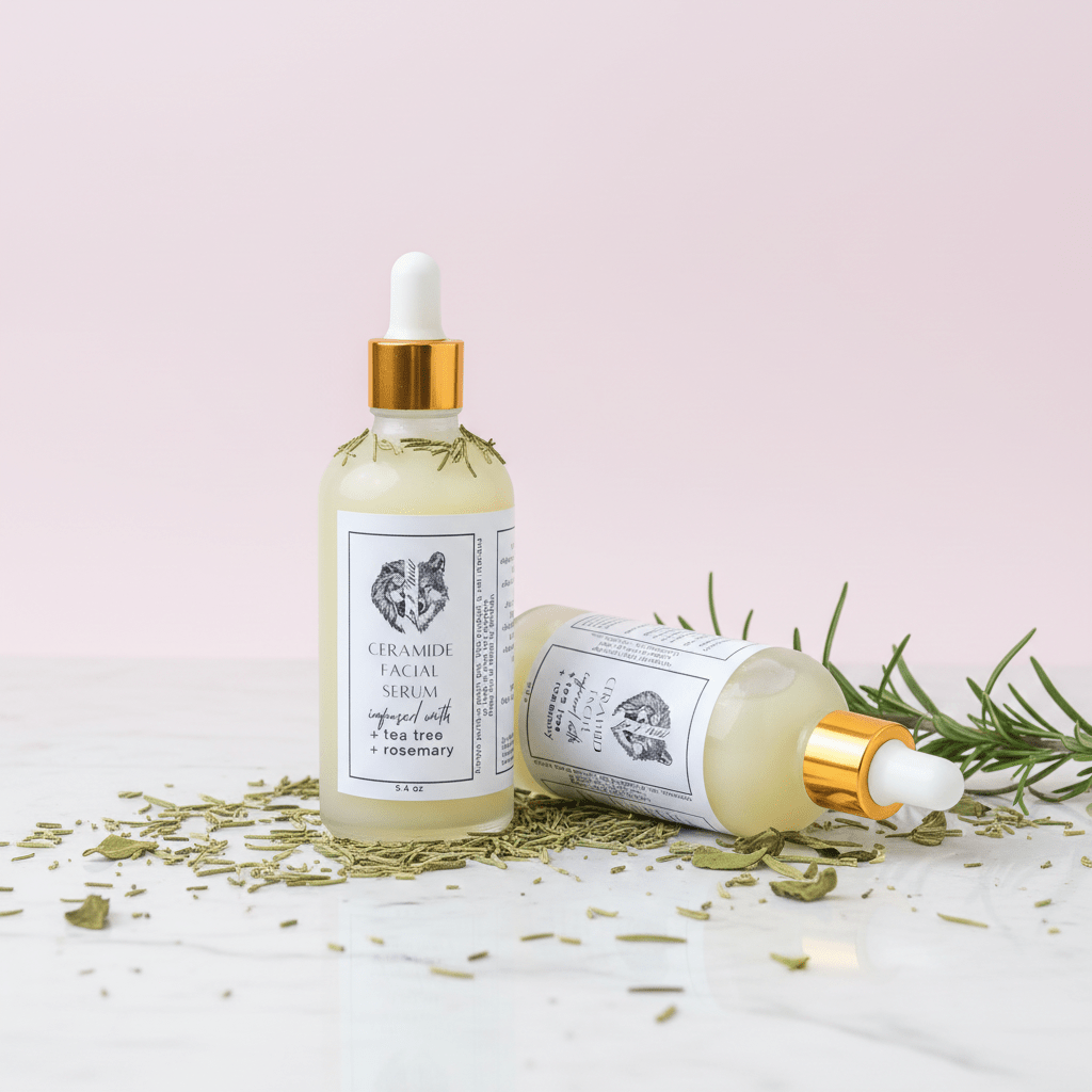 Two bottles of Ceramide Facial Serum with rosemary leaves on a light pink background