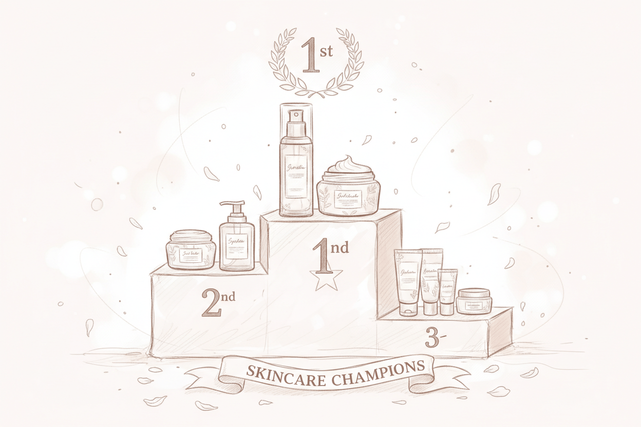 Trophy display of different skincare products