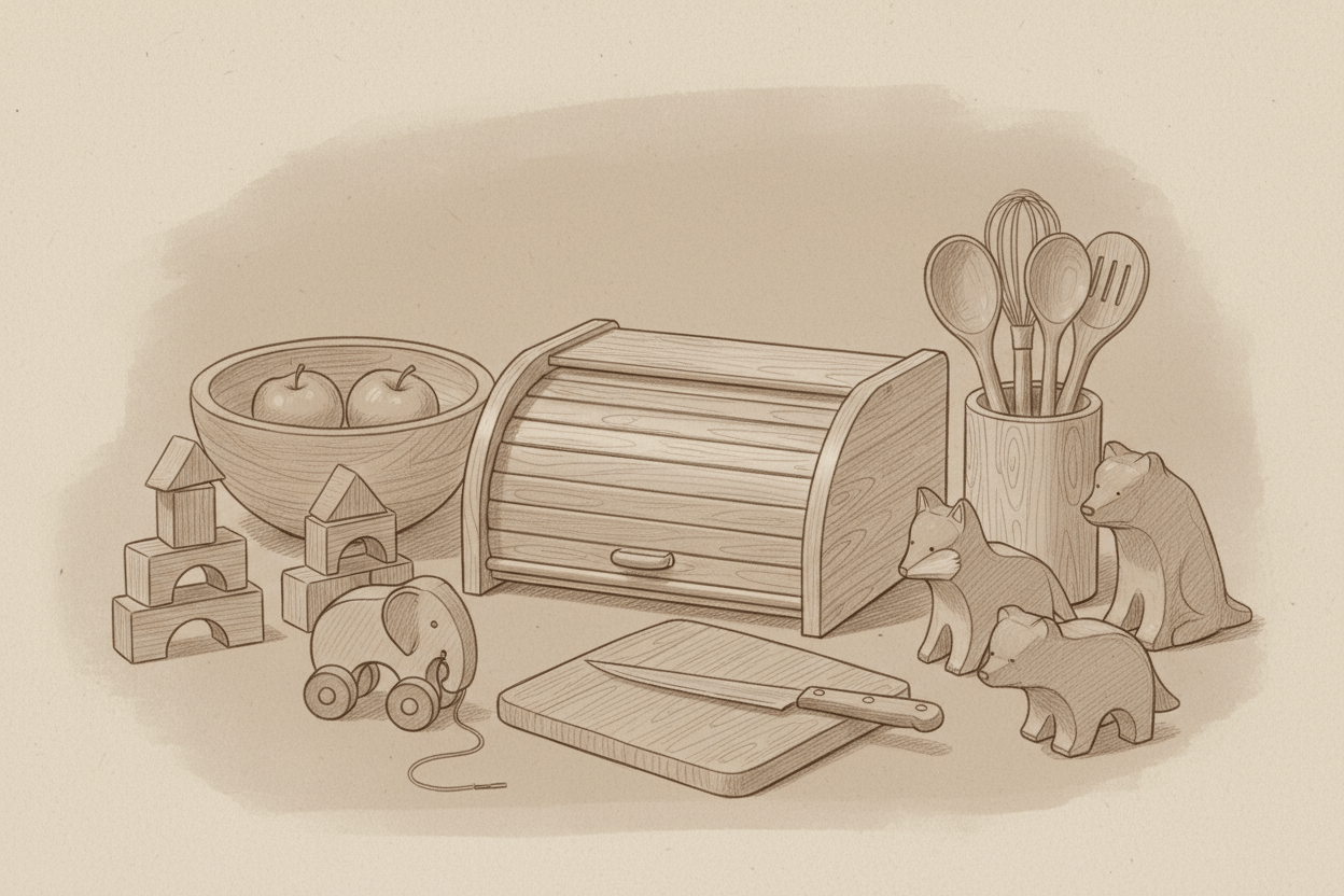 handmade items and wooden toys, breadboxes and other home goods