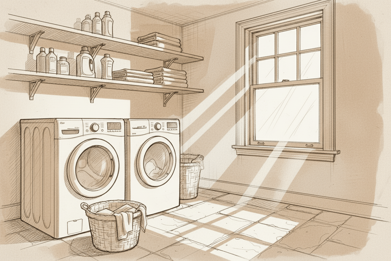 Natural detergents, cleaners and other home essentials on a shelf in laundry room.