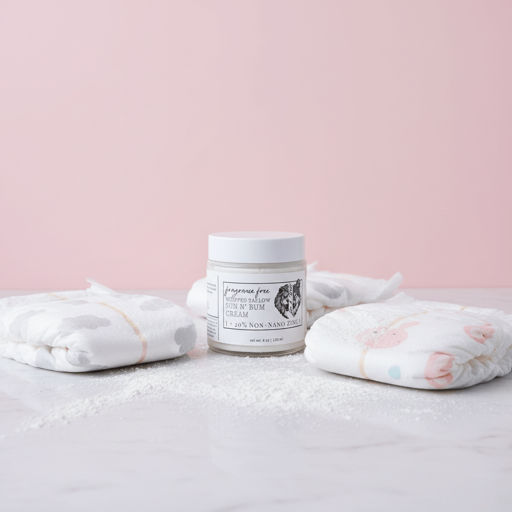 Jar of cream with baby blankets on a light pink background