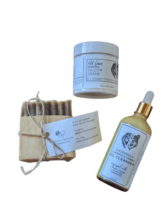 Tallow Skincare Gift Set, Grass Fed Tallow Lotion, Organic Peppermint Christmas Soap + Face Oil Cleanser Skincare Set, Stocking Stuffer